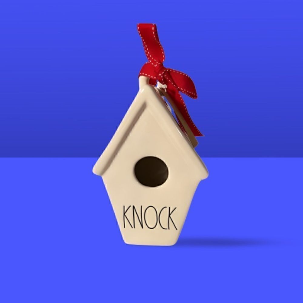 Rae Dunn KNOCK Slanted Roof Ceramic Birdhouse with Nest on Back. Brand New.